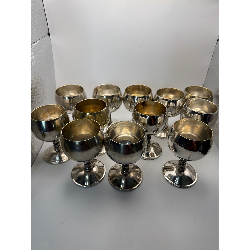 Set of 12 Vintage Valero Spain Silver Plated Brass Grapevine Stem Goblets